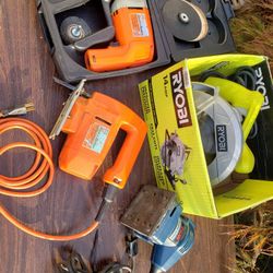 Ryobi Circular Saw, Ryobi Finishing Sander,  Black and Decker Jig Saw, And Drill 