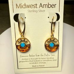 Sterling Silver Amber & Turquoise Sun Earrings • Vintage Polish Boho Style