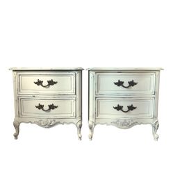 Pair Vintage Dixie Furniture White Carved Wood Nightstands 