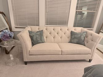 Ethan Allen Tufted Sofa — Cream, Two-Cushion, Shelter Arms