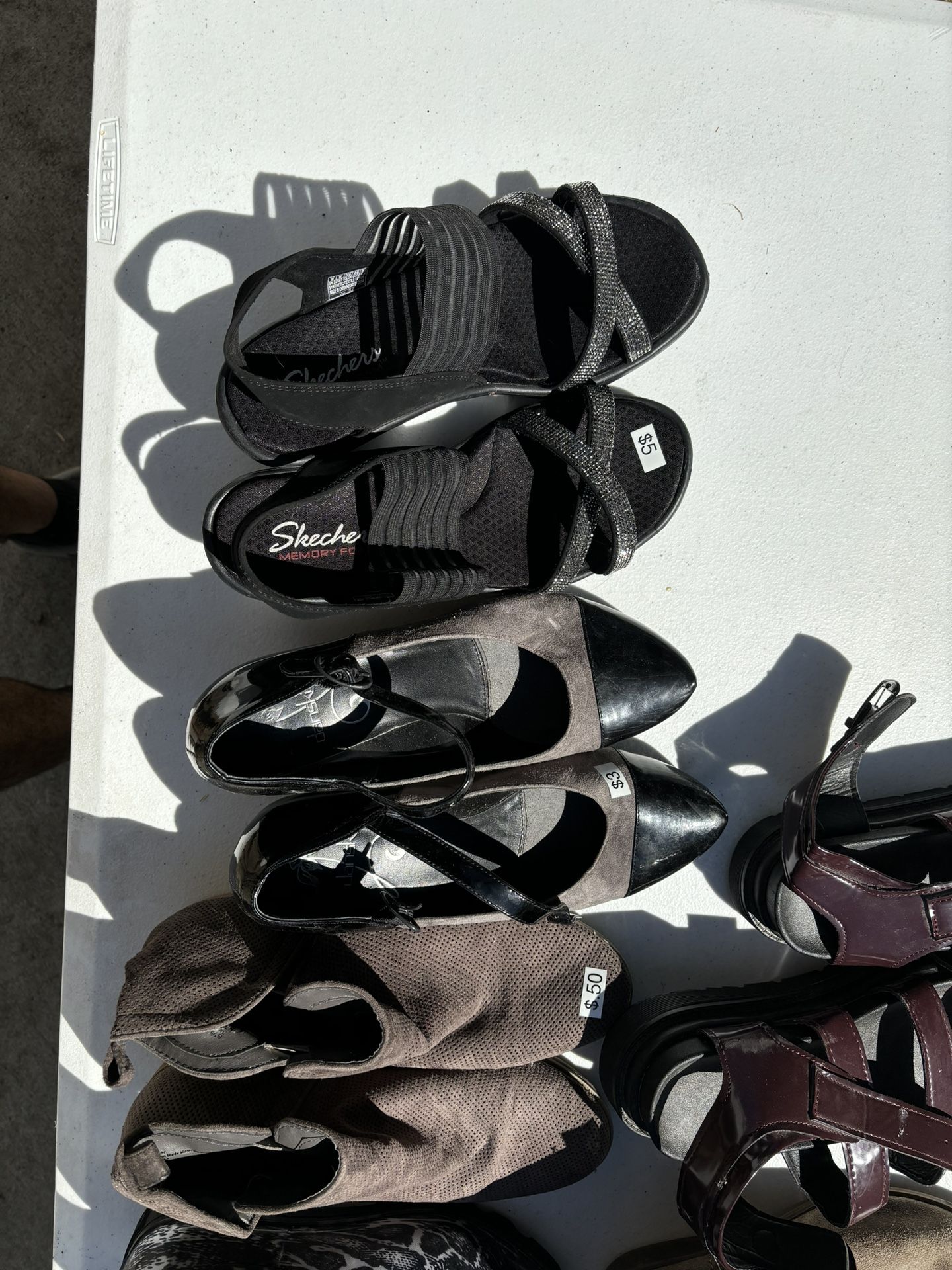 Assorted Women’s Shoes And Kids Shoes, Two Pairs Of Softball Cleats shoes have prices most of the kid shoes are $.50