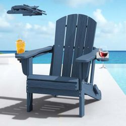 Folding Adirondack Chair Set with Dual Cup Holders & Phone Holder, All-Weather HDPE Fire Pit Chairs for Outdoor, Patio, Poolside, Garden - Blue brand 