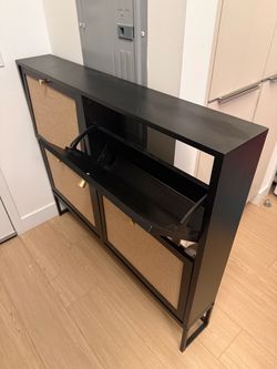 Black Slim Shoe Cabinet 4 Flip Drawers Rattan Look