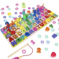Wooden Magnetic Puzzles For Toddlers, 5 in 1 Color Alphabet Shape Number Sorting