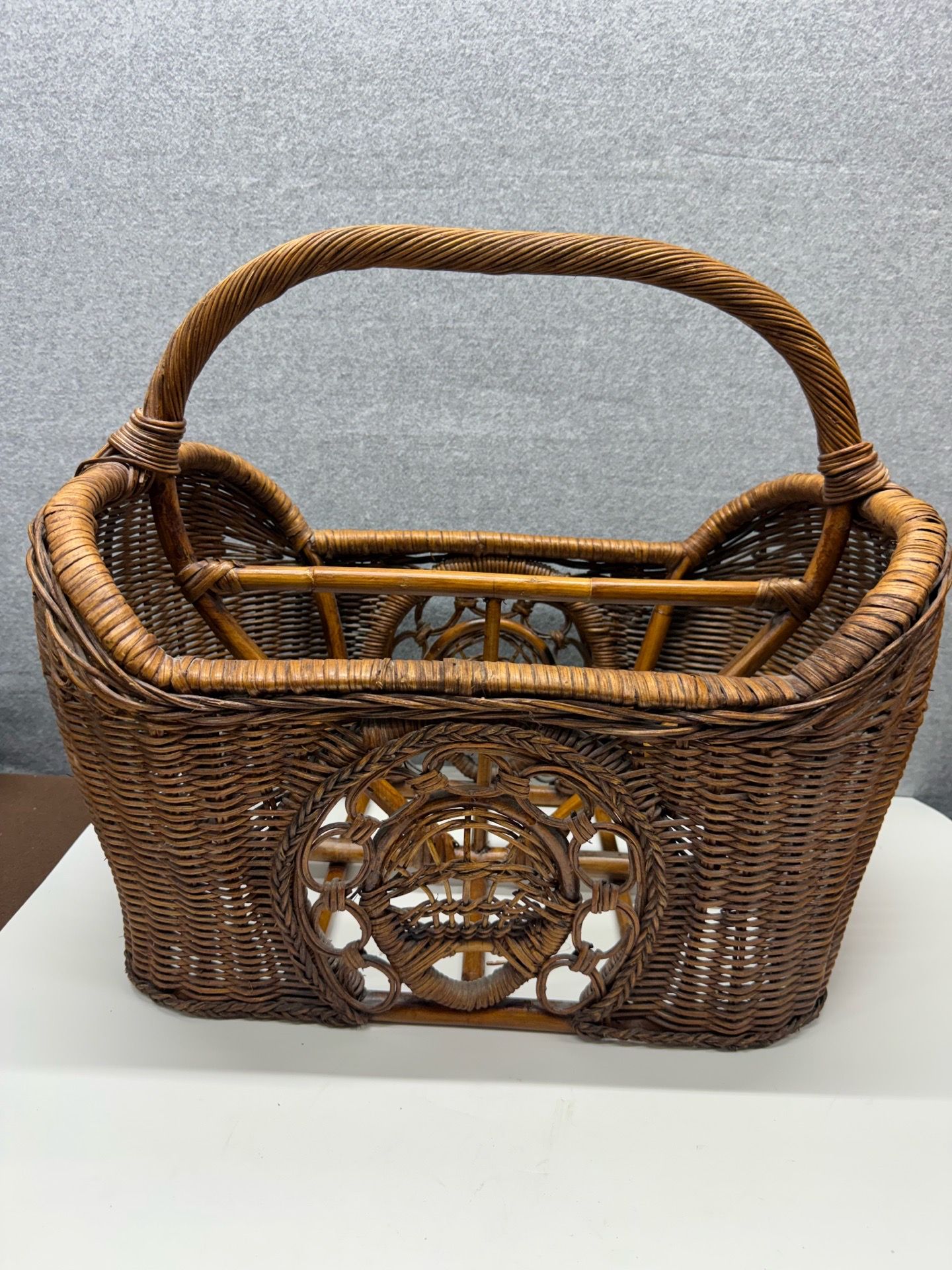 Large Vintage 1970s Wicker Rattan Magazine Blanket Rack Basket Boho Decor