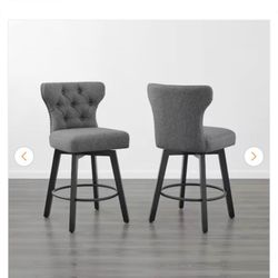 Dark Grey Swivel Counter Height Bar Stool with Fabric Seat and Wood Frame