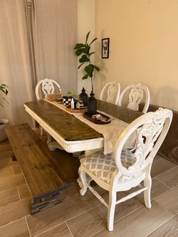 Solid Wood Dining Table Set – 4 Chairs + Matching Bench