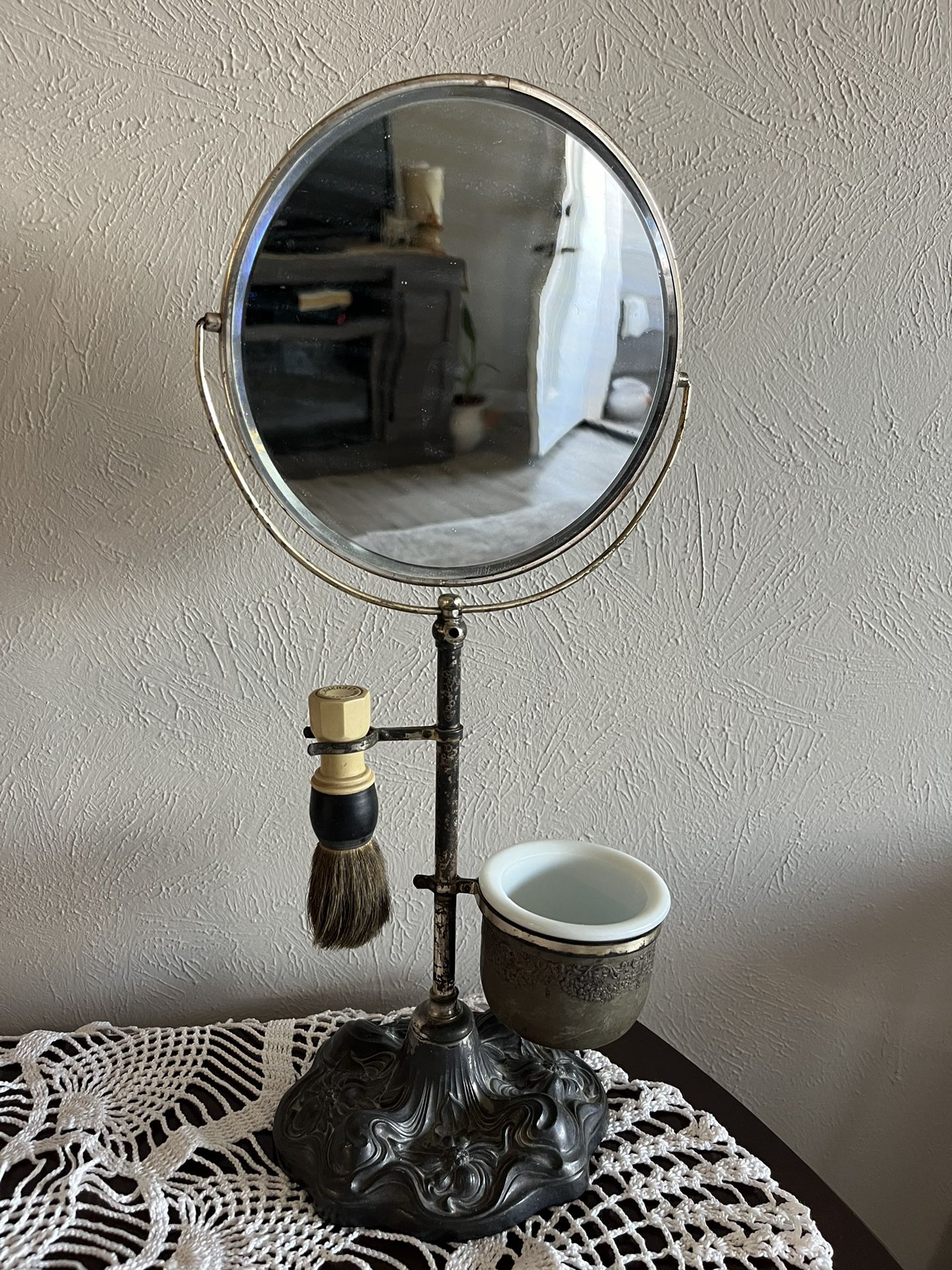 Vintage Shaving Mirror On Stand With Brush And Cup