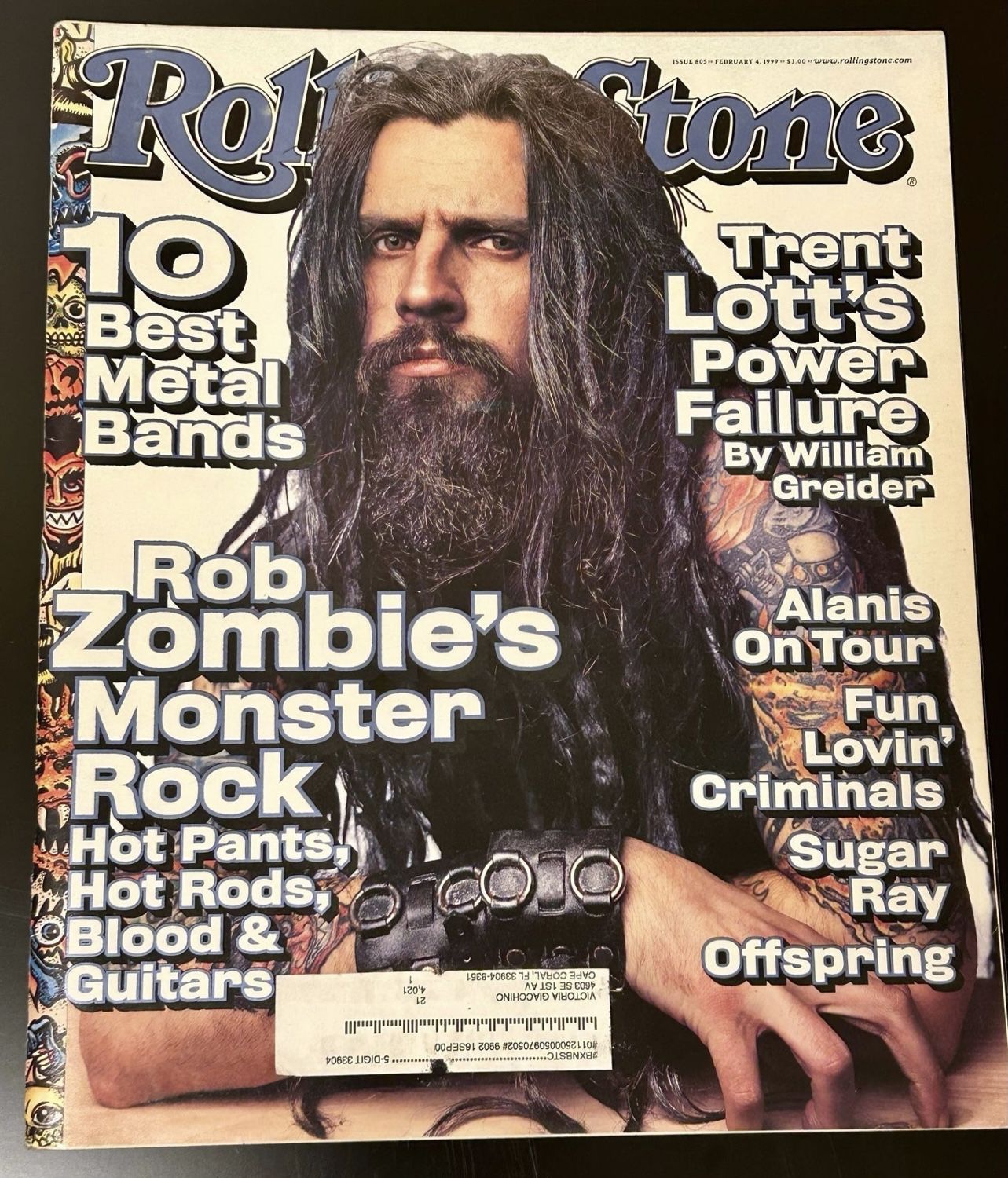 Rolling Stone Magazine Rob Zombie On The Cover February 1999 Issue 805
