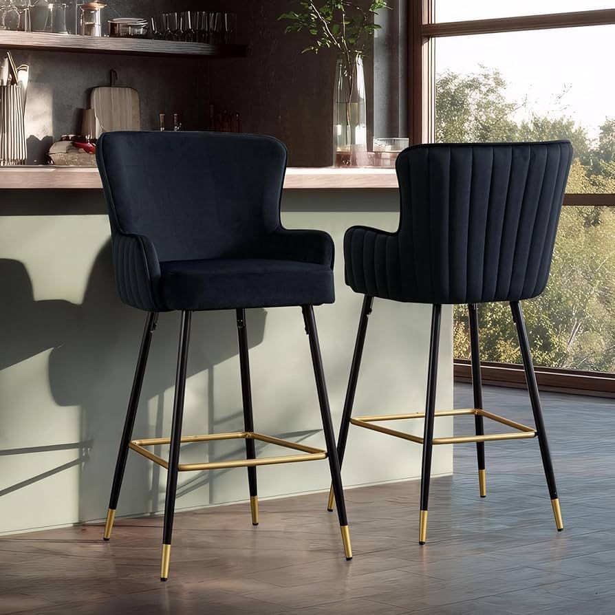 Black Velvet Bar Stools with Upholstered Back Set of 2, 26” Counter Height Bar Stool for Kitchen Island Wing Back High Dining Chair with Footrest Meta