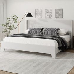 King Bed Frame with Faux Leather Upholstered Headboard, Wear-Resistant, Easy Clean, Mattress Foundation, No Box Spring Required, Easy Assembly, Grey