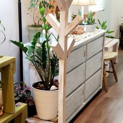 🌱10 Hooks Solid Wood Coat/Hat/Bag Rack Stand ::: 65"H X 20"W X 20"D ::: Distressed White