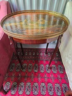 Vintage French Louis XVI style oval side table w/ hand-painted top