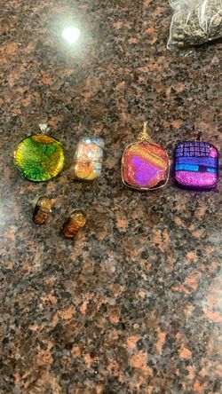 Dichroic glass custom pendants and a set of earrings