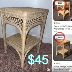 $45 Vintage 70s Wicker Side Table/Stool 21” Tall by 13” in mint condition. 2 available both for $80
