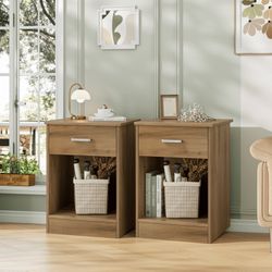 2-Tier Nightstand with Drawer & Storage Shelf, Side End Table for Bedroom Living Room Set of 2, Wood Grain