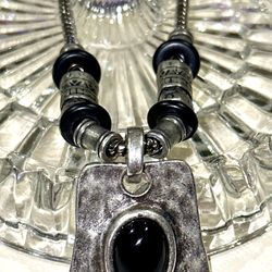 Chico's Silver Tone ~ Snake Slide with Charm Spacers ~ Black Cabochon Pendant adjustable Necklace.  