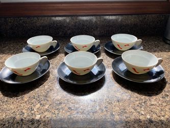Vintage Set of 6 Noritake Nippon Toki Kaisha Tea Cups w/ Saucers White with Red Design and Winged Handles
