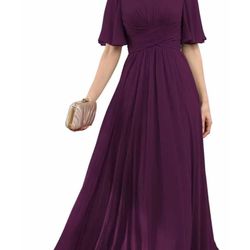 YOFF Flutter Sleeve Chiffon Bridesmaid Dress Long with Slit Scoop Neck A-Line Formal Party Dresses with Pockets