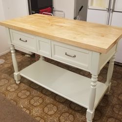 Kitchen Island  Size 52 WideX 25 DeepX3ft Tall...wooden Top And White Bottom 2 Drawers Pull Through Other Side..Good Condition!