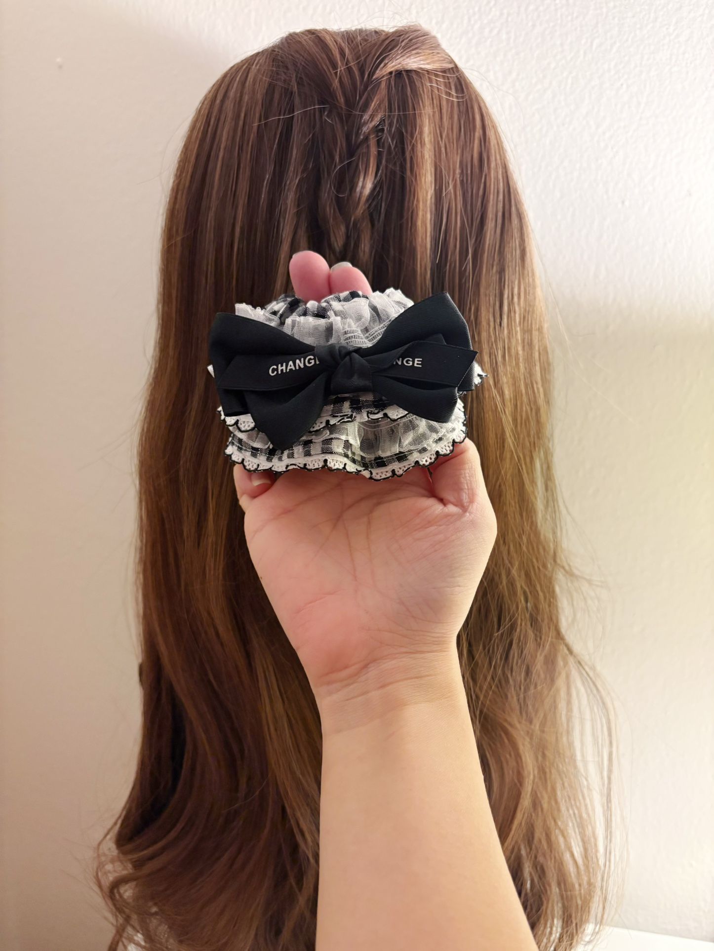 Black ribbon with white plaid pattern lace scrunchie/hair tie