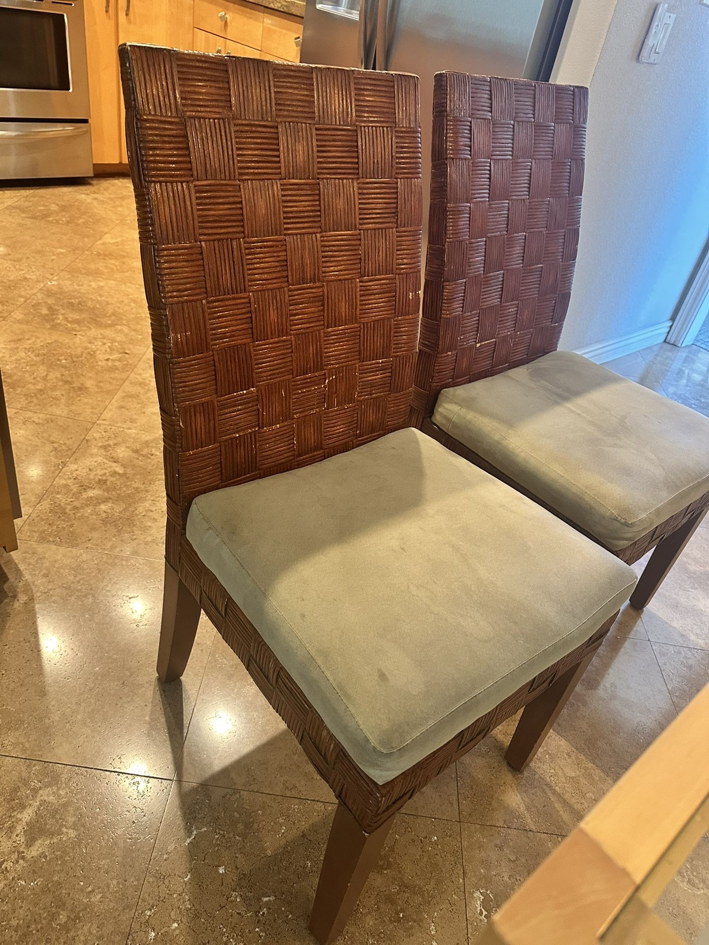 Two Wicker Dining Chairs with High Back & Soft Suede Cushions