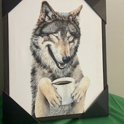 Laughing Wolf with Coffee 12/15 Picture Art Design by Holly Simental