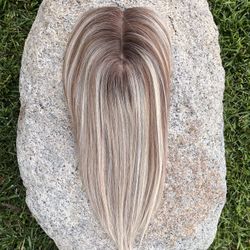 12 Inch Clip In Real Human Hair Topper for Women with Thinning Hair, Large Base, Natural Scalp, Ombre Mixed Blonde & Brown Highlights, NEW In Open Box