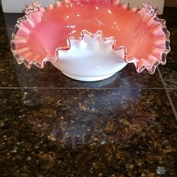 Vintage Fenton Cased Milk Glass Pink Ruffled Edge Bowl