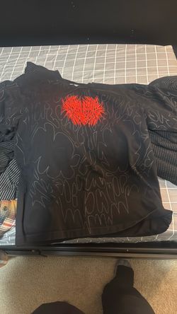 Black Graphic T-Shirt with Red Embroidered Heart
