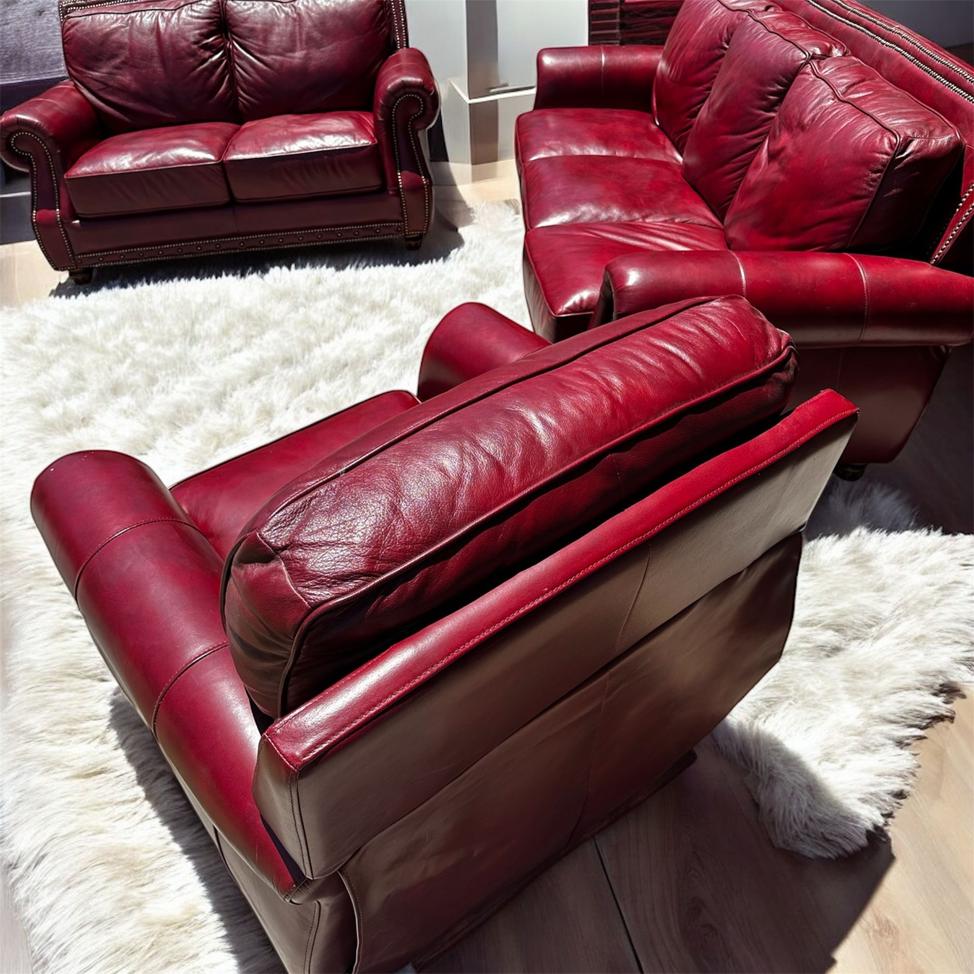 Free Delivery Red Leather Couch Loveseat And Recliner Chair See