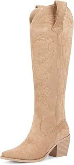 Wetkiss Cowboy Boots for Women Knee High with Zipper, Apricot