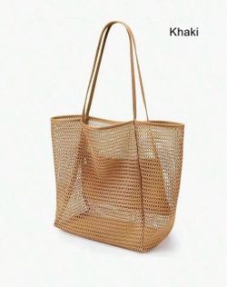 1pc Foldable Waterproof Mesh Tote Bag, Multifunctional Shoulder Shopping Bag, Hollow Mesh Handbag, Cosmetic Toiletry Storage Bag For Picnic Bathroom