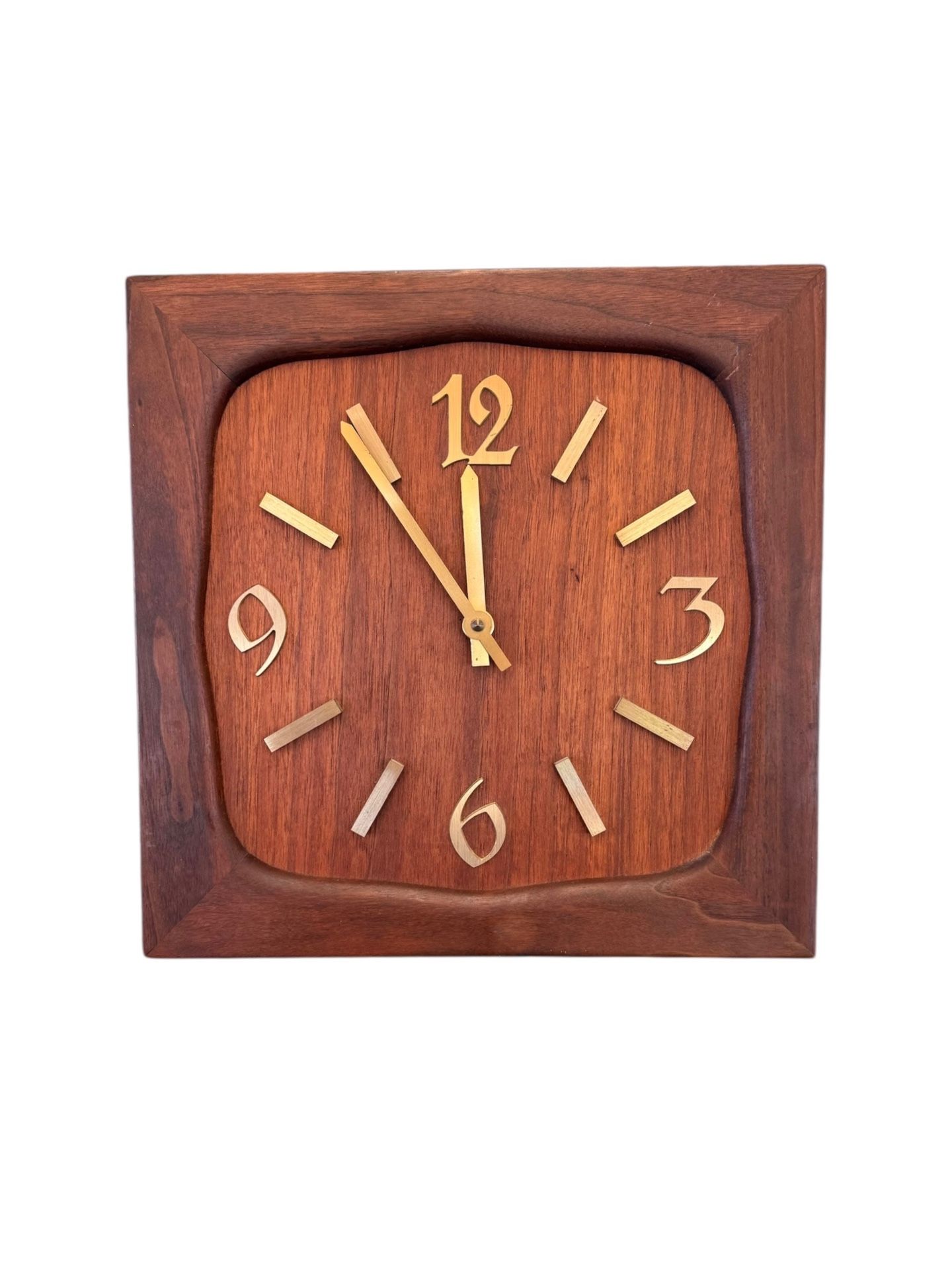 Vintage Mid Century Modern Handmade Solid Wood Clock with Gold Colored modified serif typeface