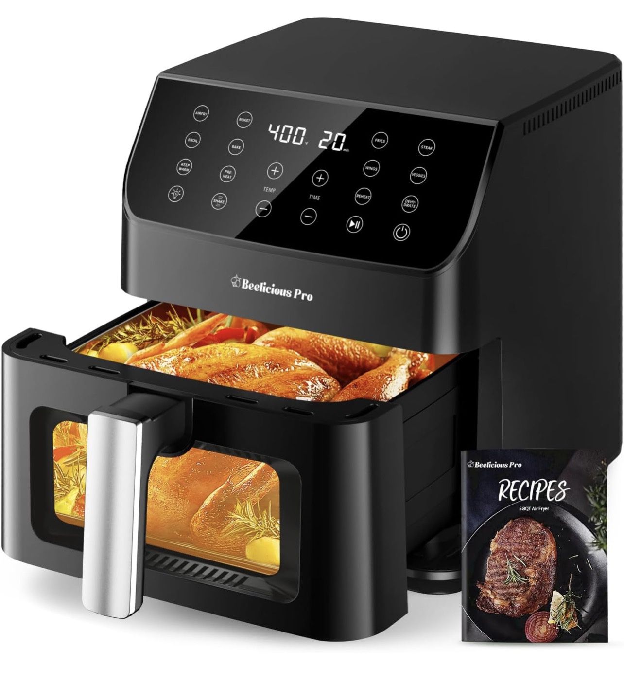 Beelicious 5.8QT Large Air Fryer, 12-in-1 Digital Airfryer with Clear Window, 40+ Recipes, Flavor-Lock Tech, Shake Reminder, Compact, Quiet, Dishwashe