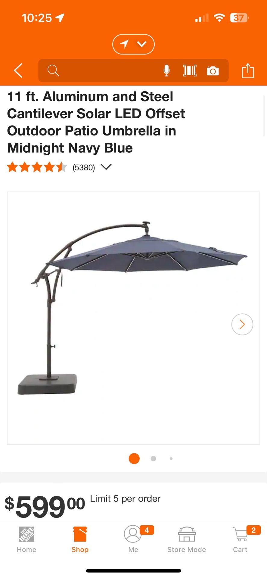 Hampton Bay 11 ft. Aluminum and Steel Cantilever Solar LED Offset Outdoor Patio Umbrella in Midnight Navy Blue