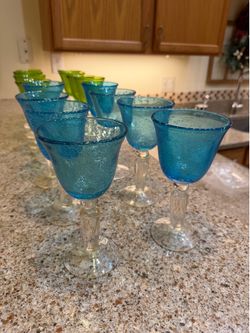 Set of 16 Artisan Green and Blue Bubble Glass Wine/Water Goblets – 7.5” Coastal Glassware