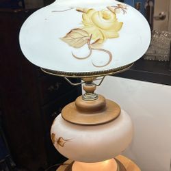 Antique Hand Painted Porcelain and Teak Wood Lamp
