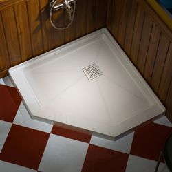 SQE-3434-BN  WOODBRIDGE 34 in. x 34 in. Solid Surface Neo-Angle Shower Base Pan in White with Brushed Nickel Drain Cover