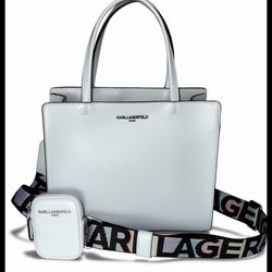Karl Lagerfeld Paris Maybelle satchel crossbody bag in pastel blue faux leather with a logo strap and a matching small pouch