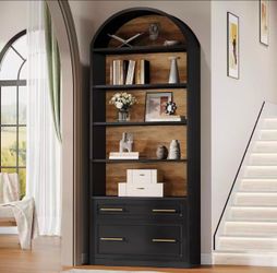 J0463 76.8" Tall Arched Bookcase, 5-Tier Bookshelf with File Cabinet Drawer, Modern Freestanding Wooden Bookshelves, Large Open Display Storage Shelve