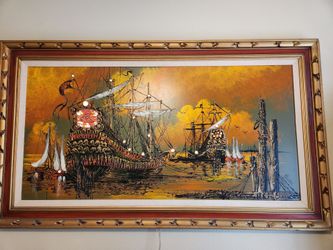 Vintage Olivera Illuminated Spanish Ships Painting