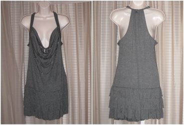 STYLEBOOK Women's Gray Waterfall Open Chained Front Ultra Mini Dress Top Tunic Sz M Medium NEW