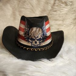Saddleback Premium Straw Hat Unisex Wing Skull Black Red White Stripes