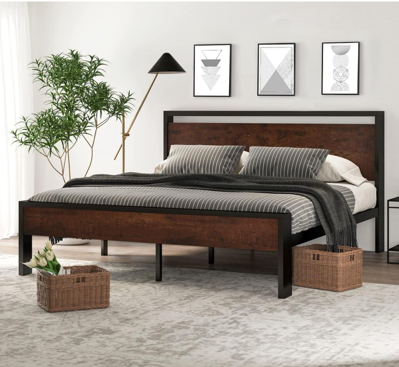 King Size Metal Platform Bed – Mahogany Panels, Heavy-Duty, No Box Spring