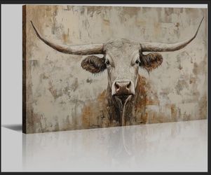 Cow Canvas Wall Art Farmhouse Animal Picture Longhorn Cow Painting Vintage Prints Brown Country Western Decor Framed for Living Room Kitchen Home Offi
