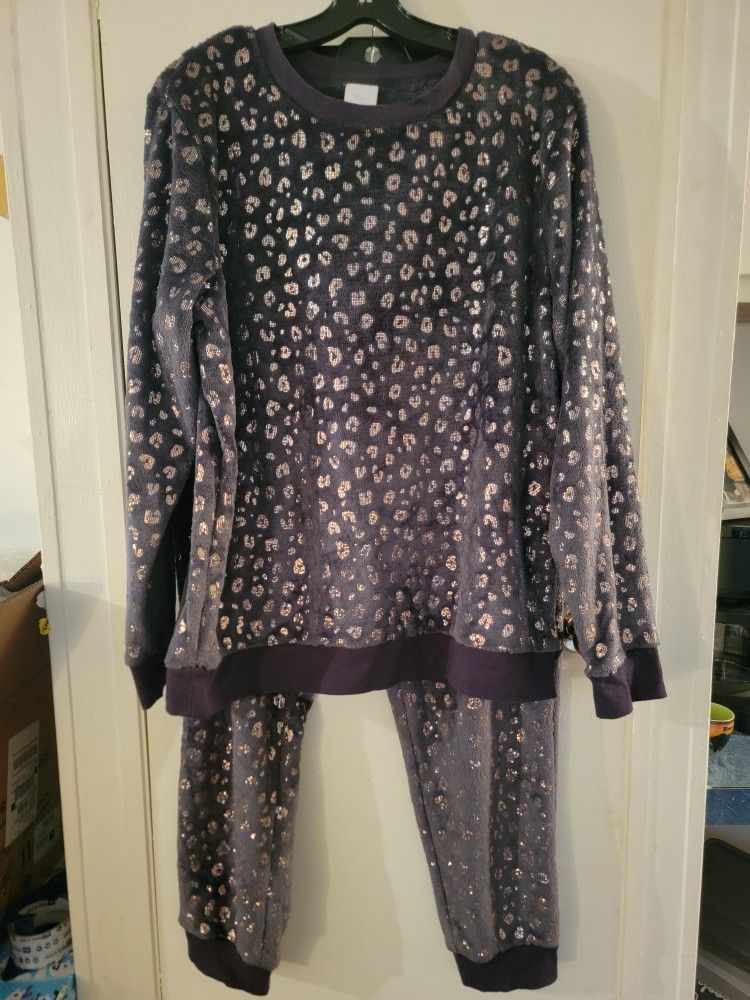 Navy Blue Foil Heart Print Fleece Lounge Set Size XL (16 - 18)