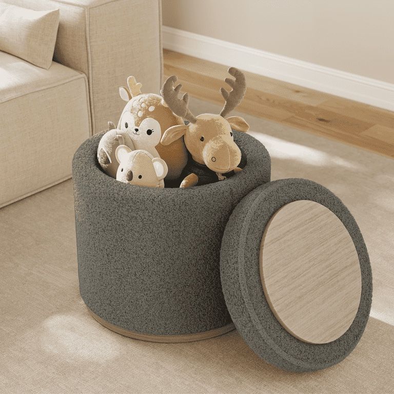 Round Storage Ottoman Foot Rest - Sherpa Upholstered Foot Stool, Vanity Stool for Living Room & Bedroom