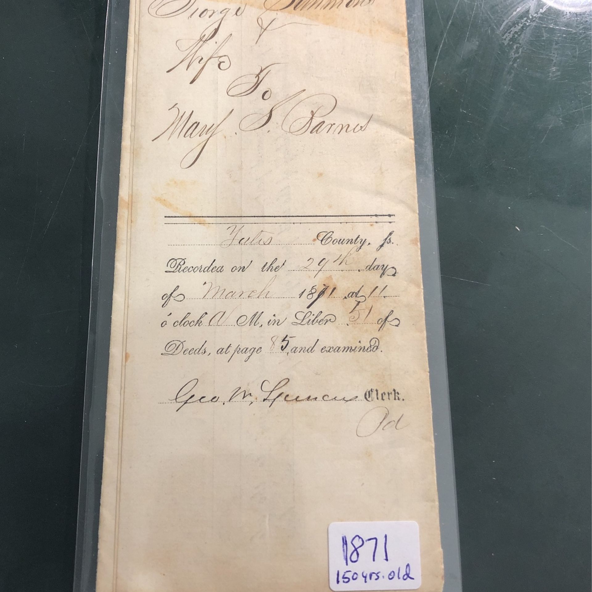 Antique 150 Yr Old Property Deed From 1871