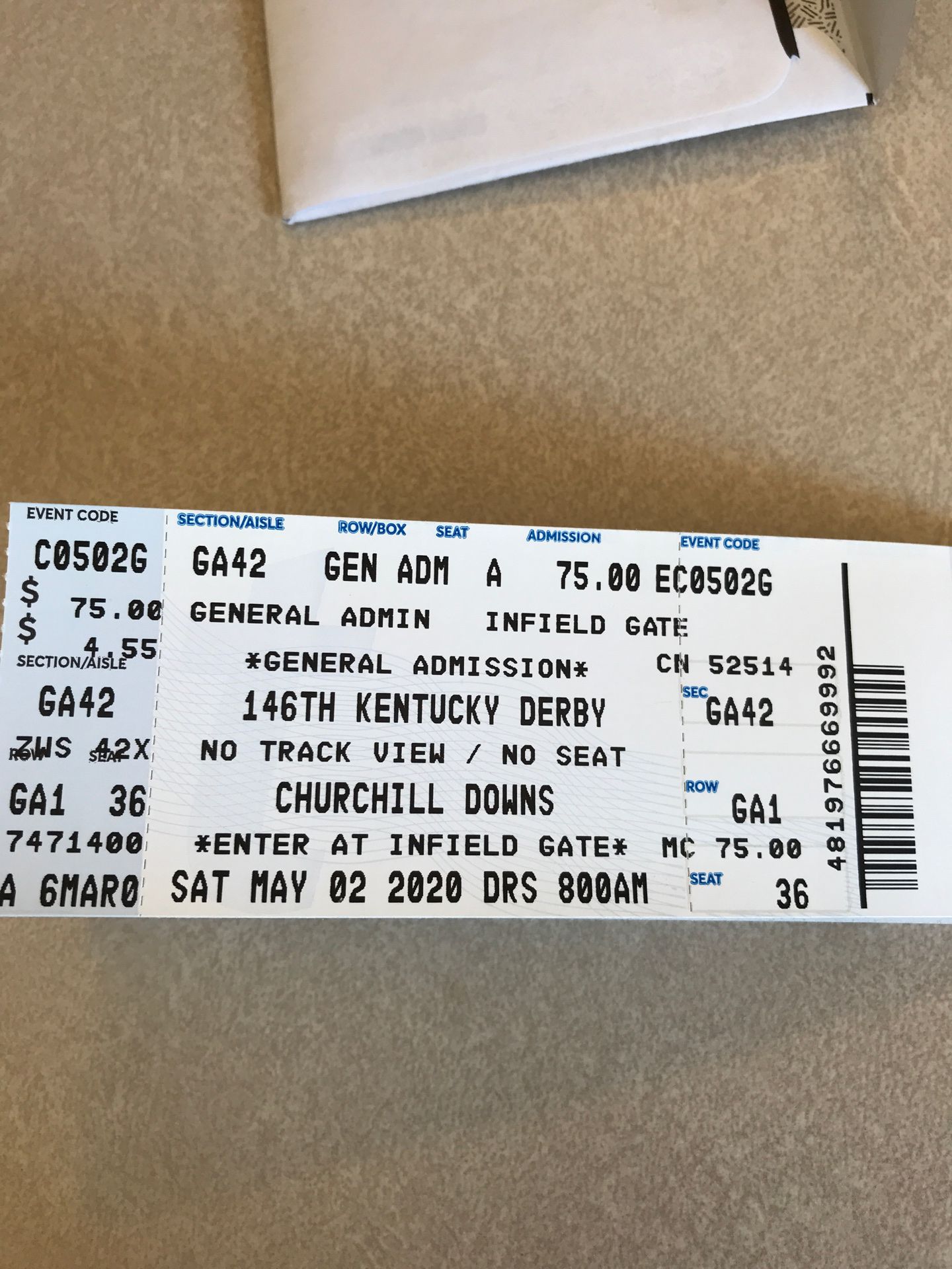 Kentucky derby tickets general admission 4 tickets for Saturday. Bought them for $75 each selling them for 50 each